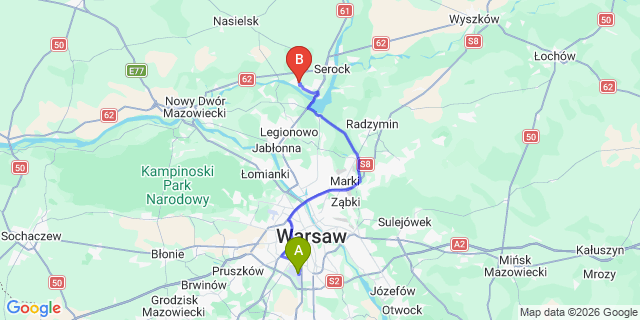 Map: Warsaw Chopin Airport (WAW) to Jachranka