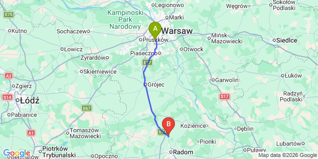 Map: Warsaw Chopin Airport (WAW) to Jedlinsk