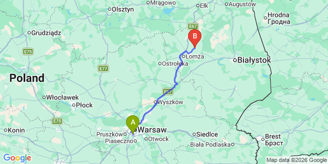 Map: Warsaw Chopin Airport (WAW) to Jedwabne
