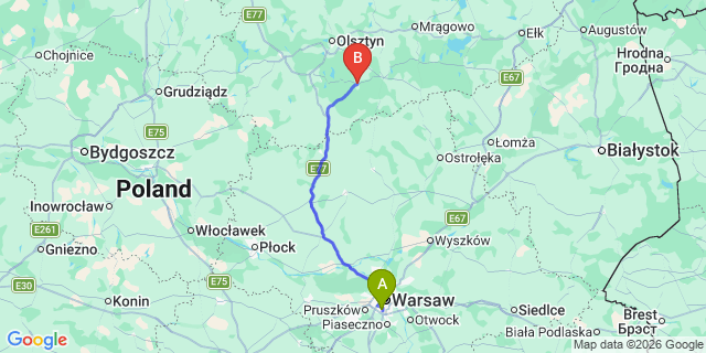 Map: Warsaw Chopin Airport (WAW) to Jedwabno