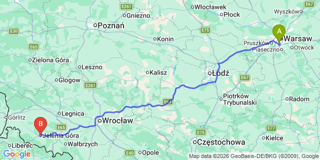 Map: Warsaw Chopin Airport (WAW) to Jelenia Gora