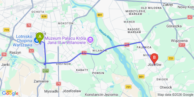 Map: Warsaw Chopin Airport (WAW) to Jozefow