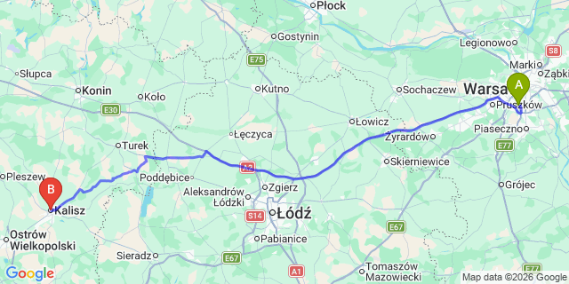Map: Warsaw Chopin Airport (WAW) to Kalisz
