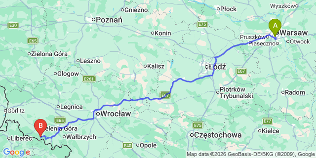 Map: Warsaw Chopin Airport (WAW) to Karpacz