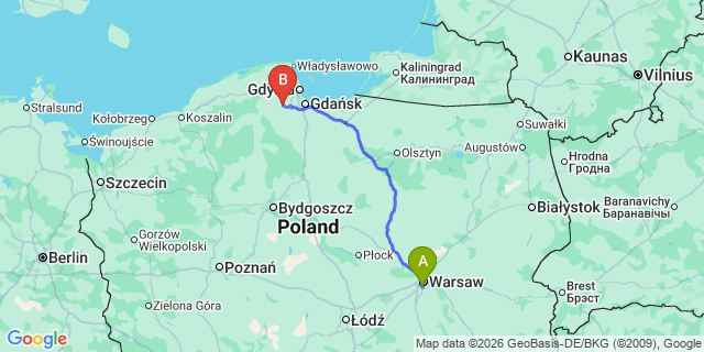 Map: Warsaw Chopin Airport (WAW) to Kartuzy