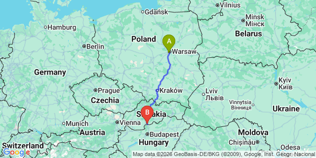 Map: Warsaw Chopin Airport (WAW) to Katowice