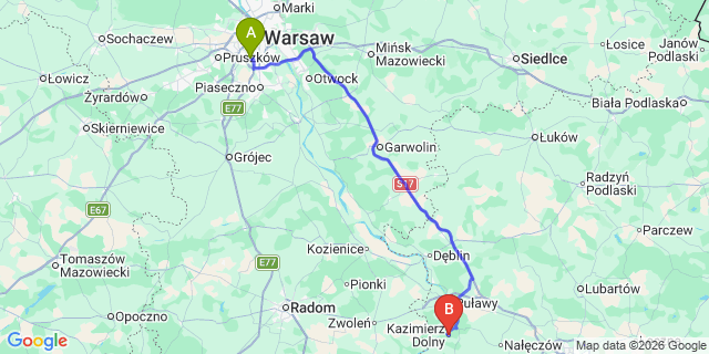 Map: Warsaw Chopin Airport (WAW) to Kazimierz Dolny