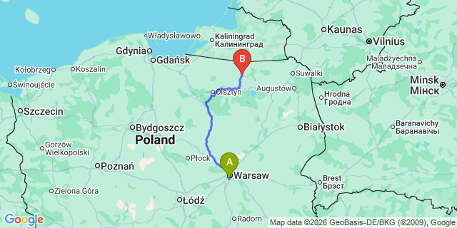 Map: Warsaw Chopin Airport (WAW) to Ketrzyn
