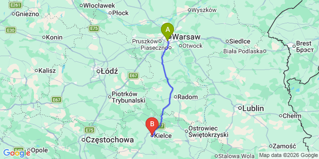Map: Warsaw Chopin Airport (WAW) to Kielce