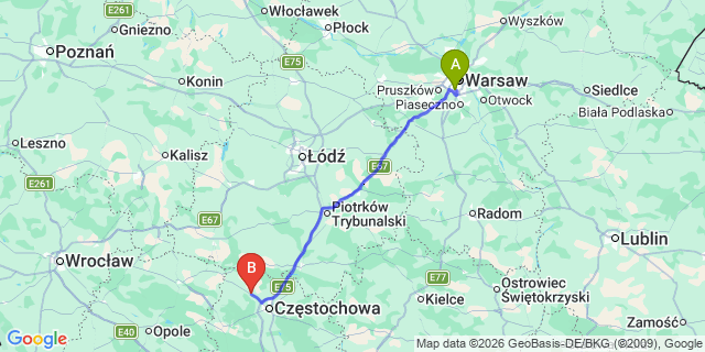 Map: Warsaw Chopin Airport (WAW) to Klobuck