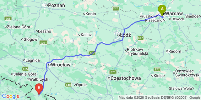 Map: Warsaw Chopin Airport (WAW) to Klodzko