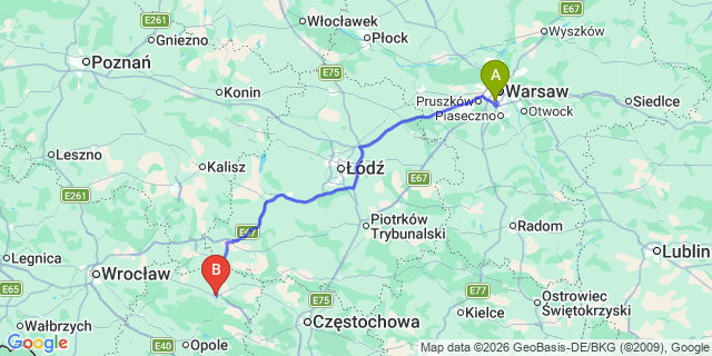Map: Warsaw Chopin Airport (WAW) to Kluczbork
