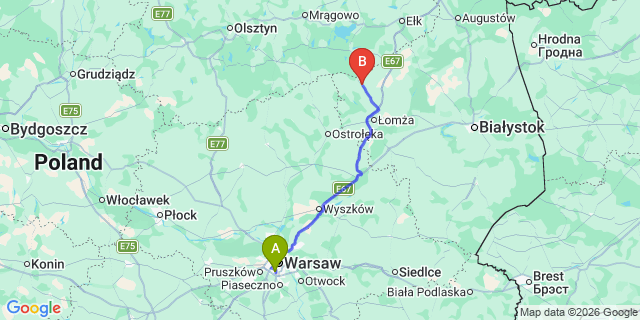 Map: Warsaw Chopin Airport (WAW) to Kolno