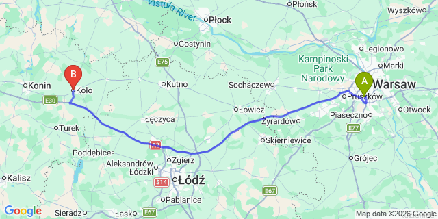 Map: Warsaw Chopin Airport (WAW) to Kolo