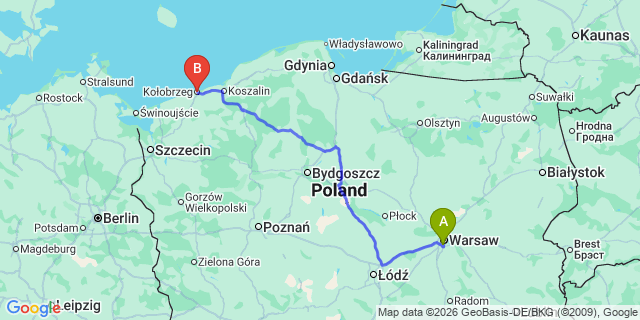 Map: Warsaw Chopin Airport (WAW) to Kolobrzeg
