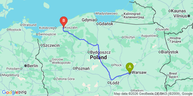 Map: Warsaw Chopin Airport (WAW) to Koszalin