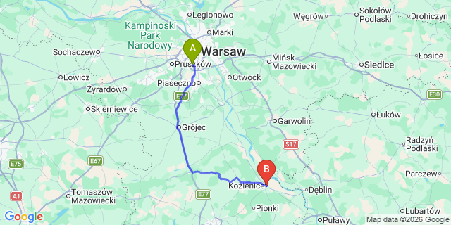 Map: Warsaw Chopin Airport (WAW) to Kozienice