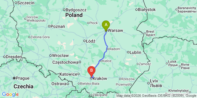 Map: Warsaw Chopin Airport (WAW) to Krakow