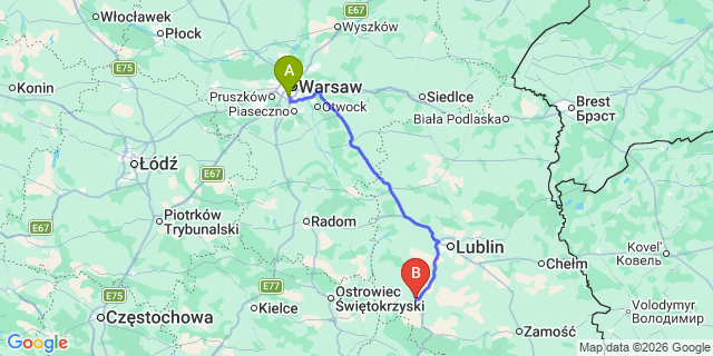 Map: Warsaw Chopin Airport (WAW) to Krasnik