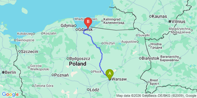 Map: Warsaw Chopin Airport (WAW) to Krynica Morska
