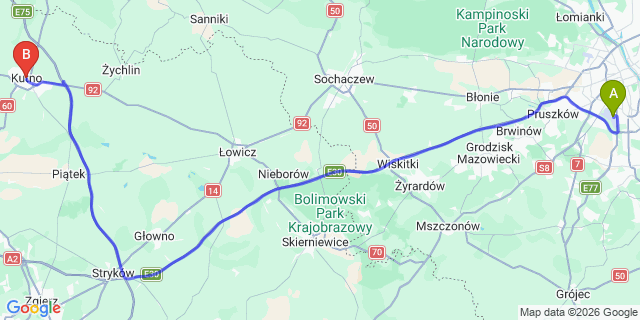 Map: Warsaw Chopin Airport (WAW) to Kutno