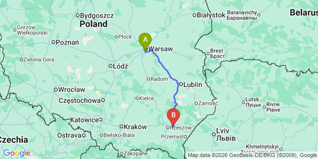 Map: Warsaw Chopin Airport (WAW) to Lancut