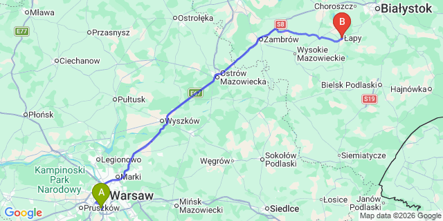 Map: Warsaw Chopin Airport (WAW) to Lapy