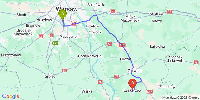 Map: Warsaw Chopin Airport (WAW) to Laskarzew