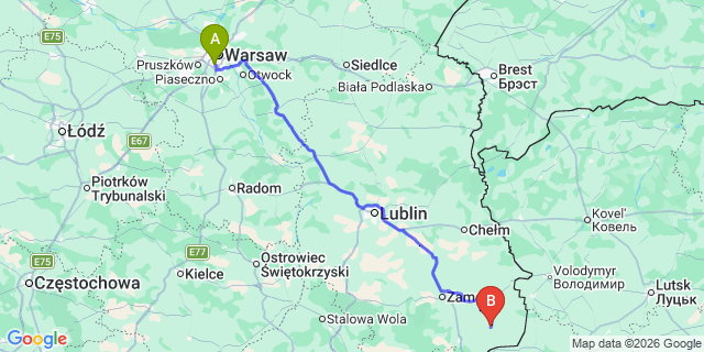 Map: Warsaw Chopin Airport (WAW) to Laszczow