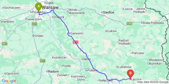 Map: Warsaw Chopin Airport (WAW) to Leczna