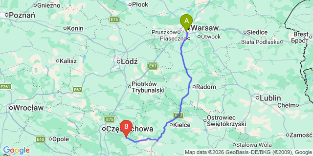 Map: Warsaw Chopin Airport (WAW) to Lelow