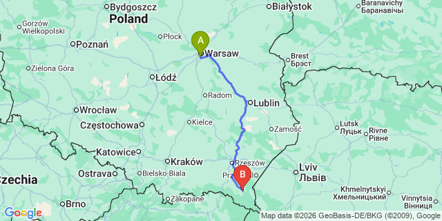 Map: Warsaw Chopin Airport (WAW) to Lesko