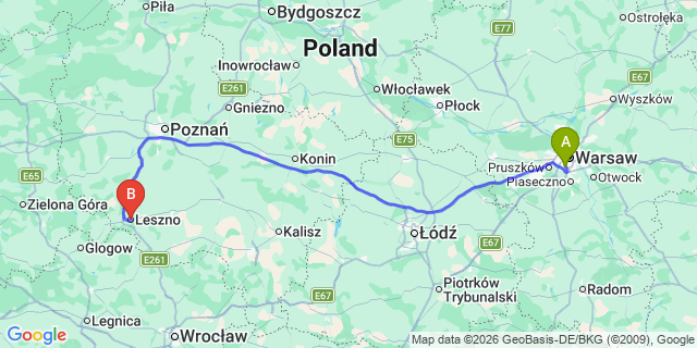 Map: Warsaw Chopin Airport (WAW) to Leszno