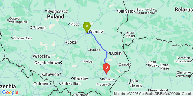 Map: Warsaw Chopin Airport (WAW) to Lezajsk