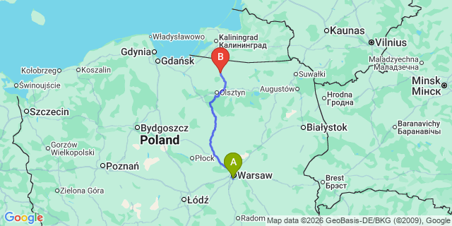 Map: Warsaw Chopin Airport (WAW) to Lidzbark Warminski