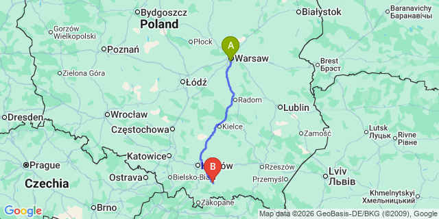 Map: Warsaw Chopin Airport (WAW) to Limanowa
