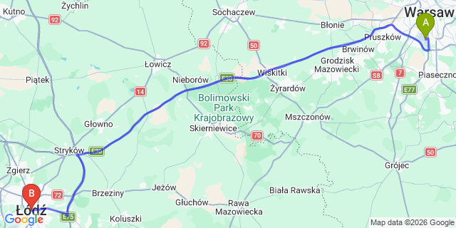 Map: Warsaw Chopin Airport (WAW) to Lodz