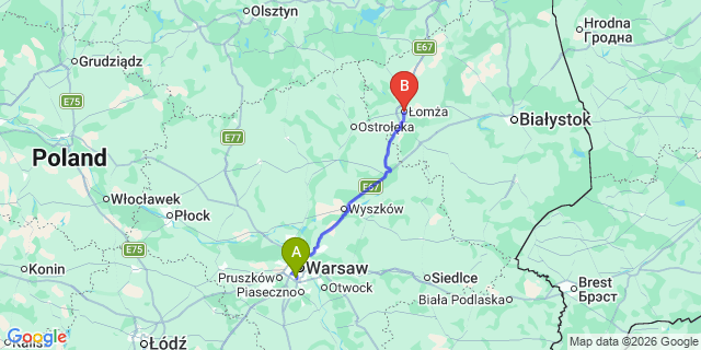 Map: Warsaw Chopin Airport (WAW) to Lomza