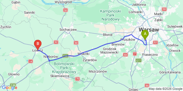 Map: Warsaw Chopin Airport (WAW) to Lowicz