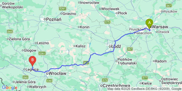 Map: Warsaw Chopin Airport (WAW) to Lubiaz