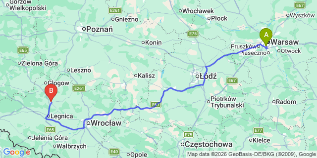 Map: Warsaw Chopin Airport (WAW) to Lubin