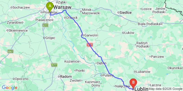 Map: Warsaw Chopin Airport (WAW) to Lublin