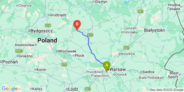 Map: Warsaw Chopin Airport (WAW) to Lubowidz