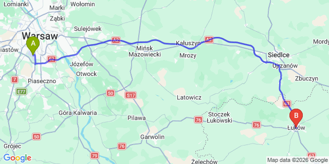 Map: Warsaw Chopin Airport (WAW) to Lukow