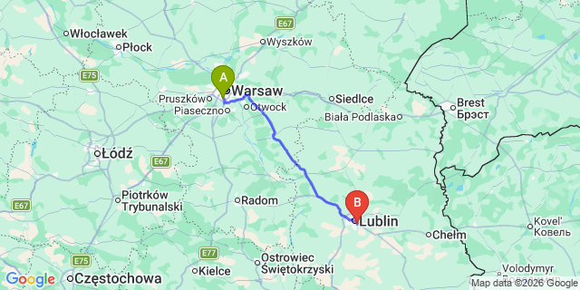 Map: Warsaw Chopin Airport (WAW) to Majdanek