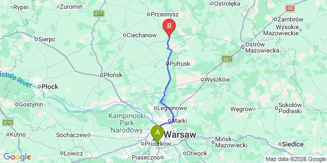 Map: Warsaw Chopin Airport (WAW) to Makow Mazowiecki