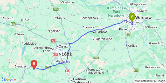 Map: Warsaw Chopin Airport (WAW) to Marcelow