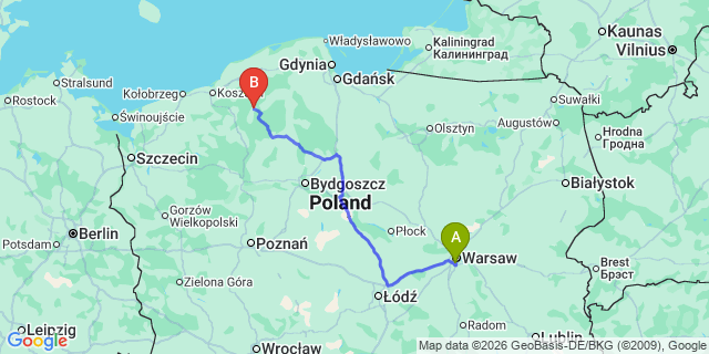 Map: Warsaw Chopin Airport (WAW) to Miastko