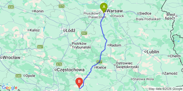 Map: Warsaw Chopin Airport (WAW) to Miechow