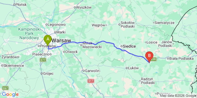 Map: Warsaw Chopin Airport (WAW) to Miedzyrzec Podlaski